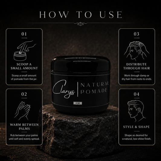 Clary's All-Natural Pomade label showing shea butter and candelilla wax formula