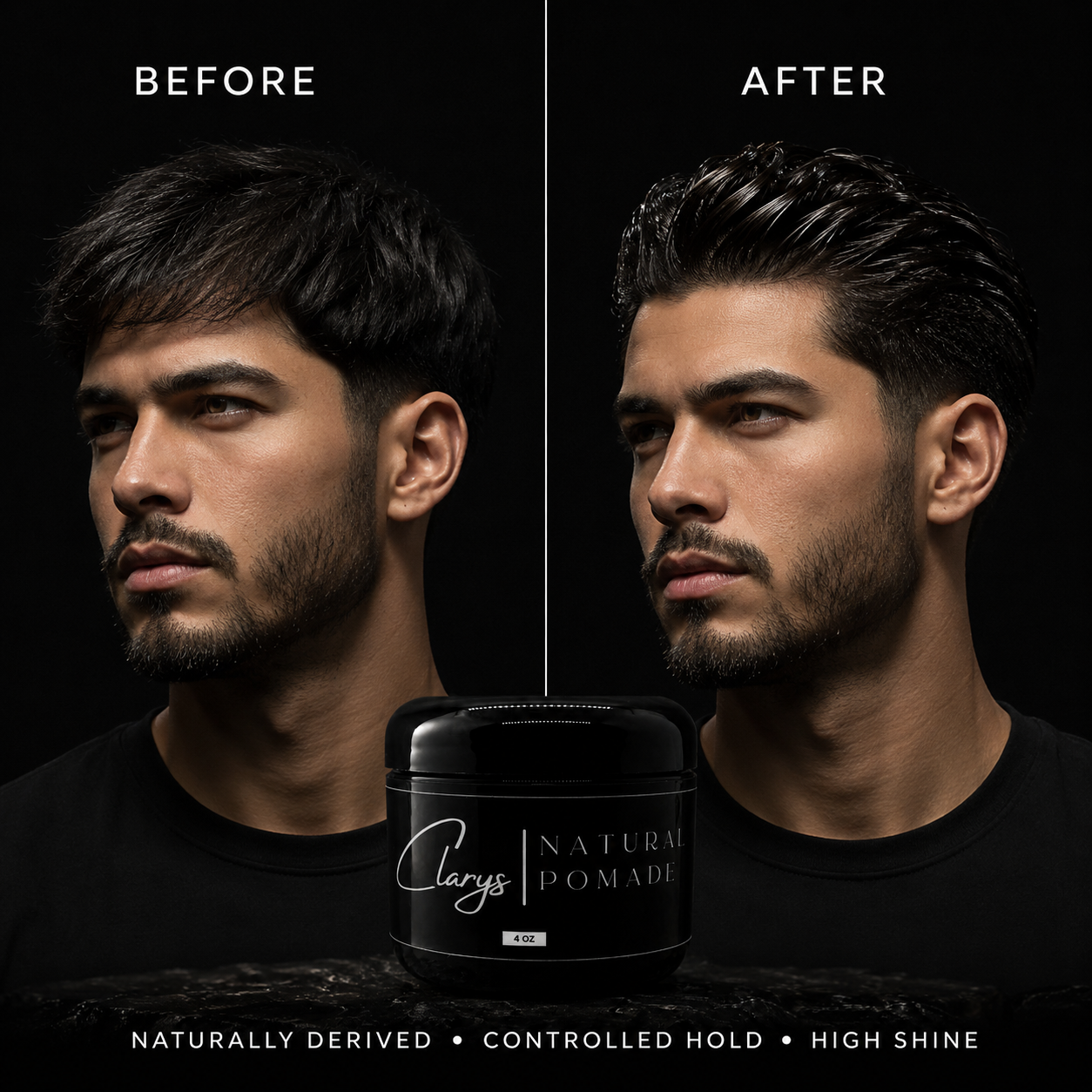 Before and after: men's slicked-back style with Clary's All-Natural Pomade – controlled hold, high shine