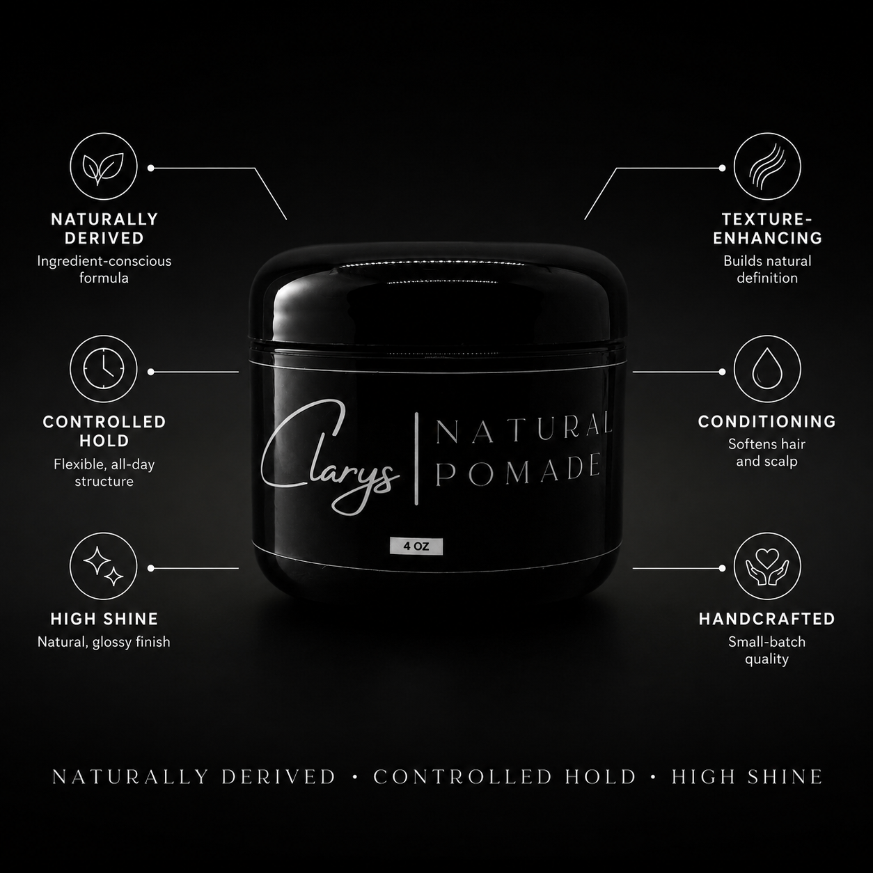 Clary's All-Natural Pomade benefits: naturally derived, controlled hold, high shine, conditioning, handcrafted