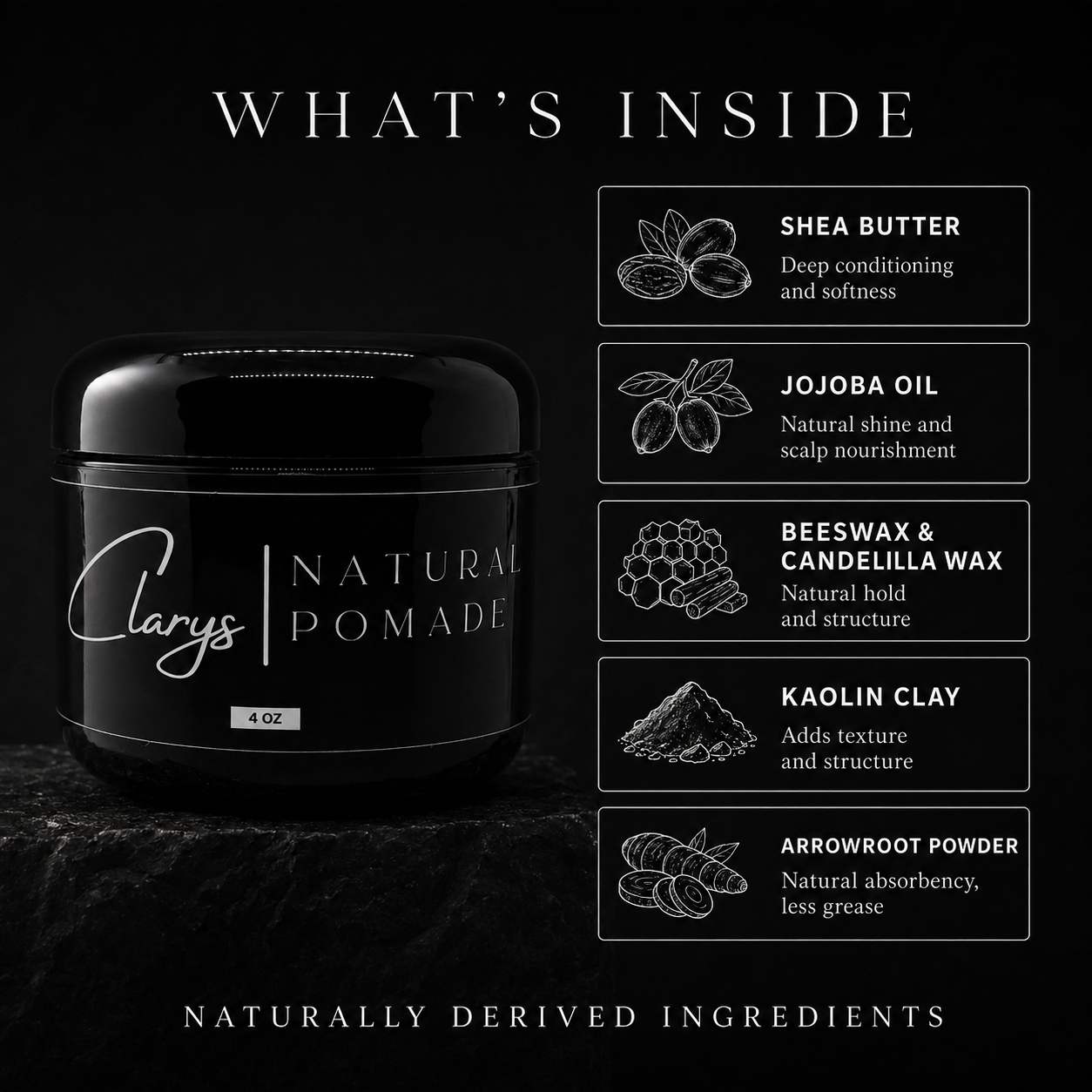 Clary's All-Natural Pomade ingredients: shea butter, jojoba oil, beeswax, candelilla wax, kaolin clay, arrowroot