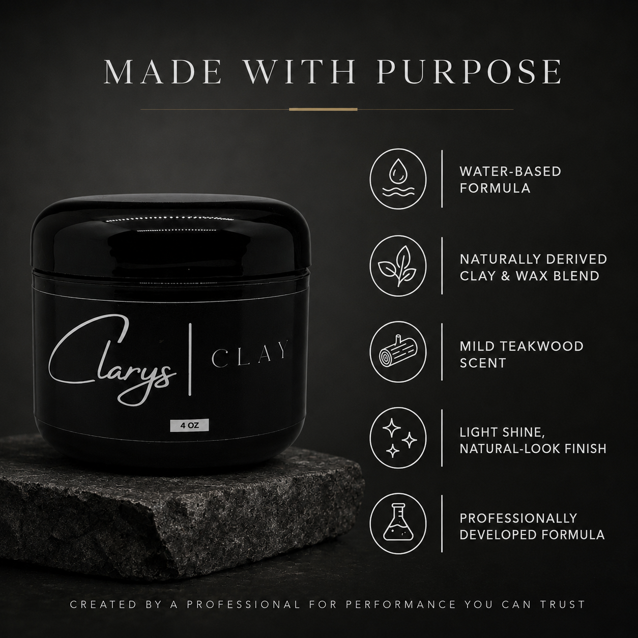 Clary's Clay features: water-based, naturally derived clay and wax blend, mild teakwood scent, light-shine finish