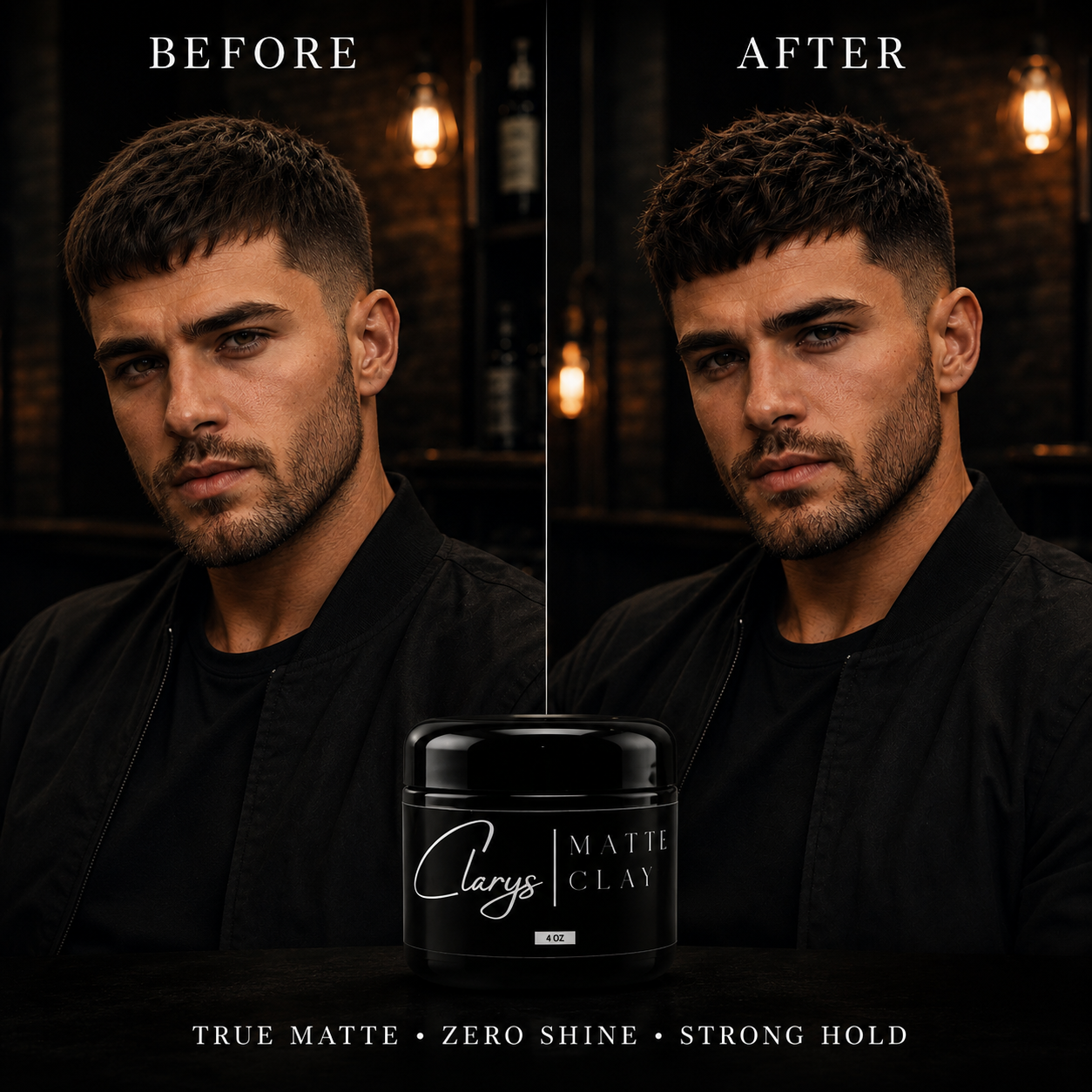 Before and after: men's textured crop styled with Clary's Matte Clay for a true matte, zero-shine finish