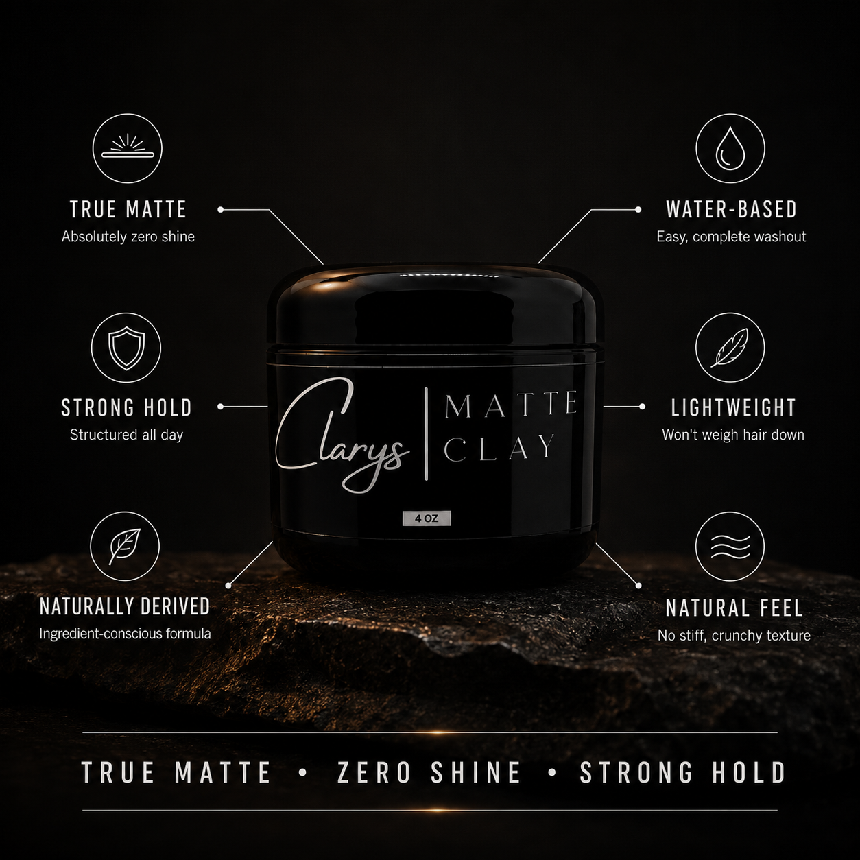 Clary's Matte Clay benefits: true matte, strong hold, water-based, lightweight, naturally derived, natural feel
