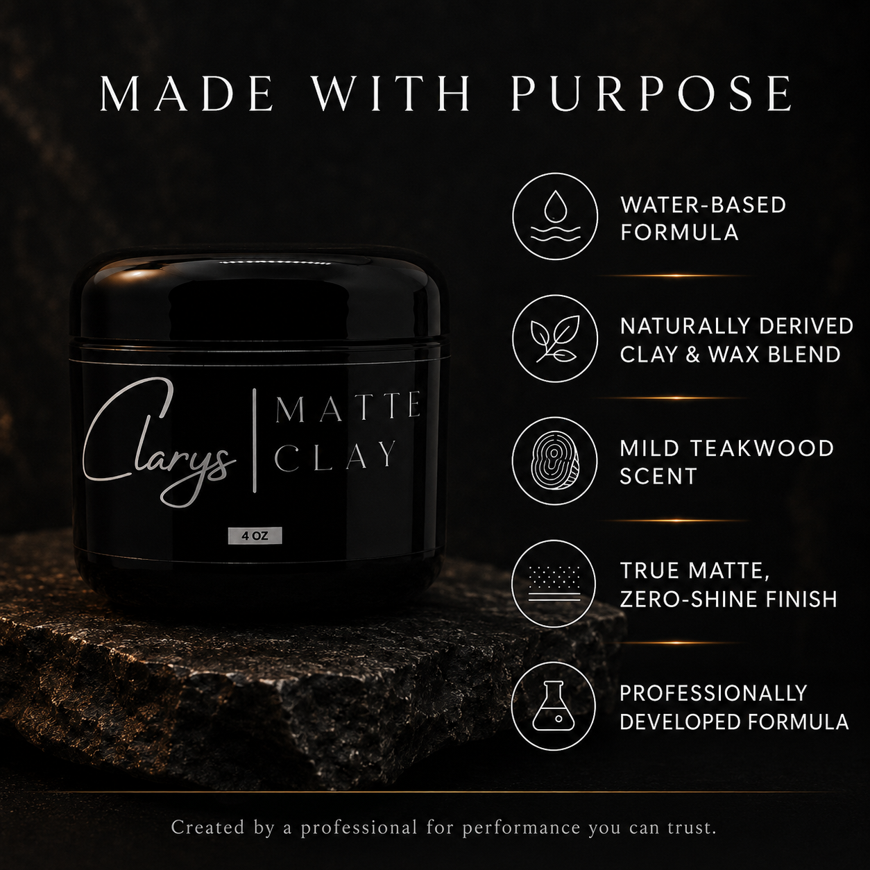 Clary's Matte Clay features: water-based, naturally derived clay and wax, mild teakwood scent, zero-shine finish