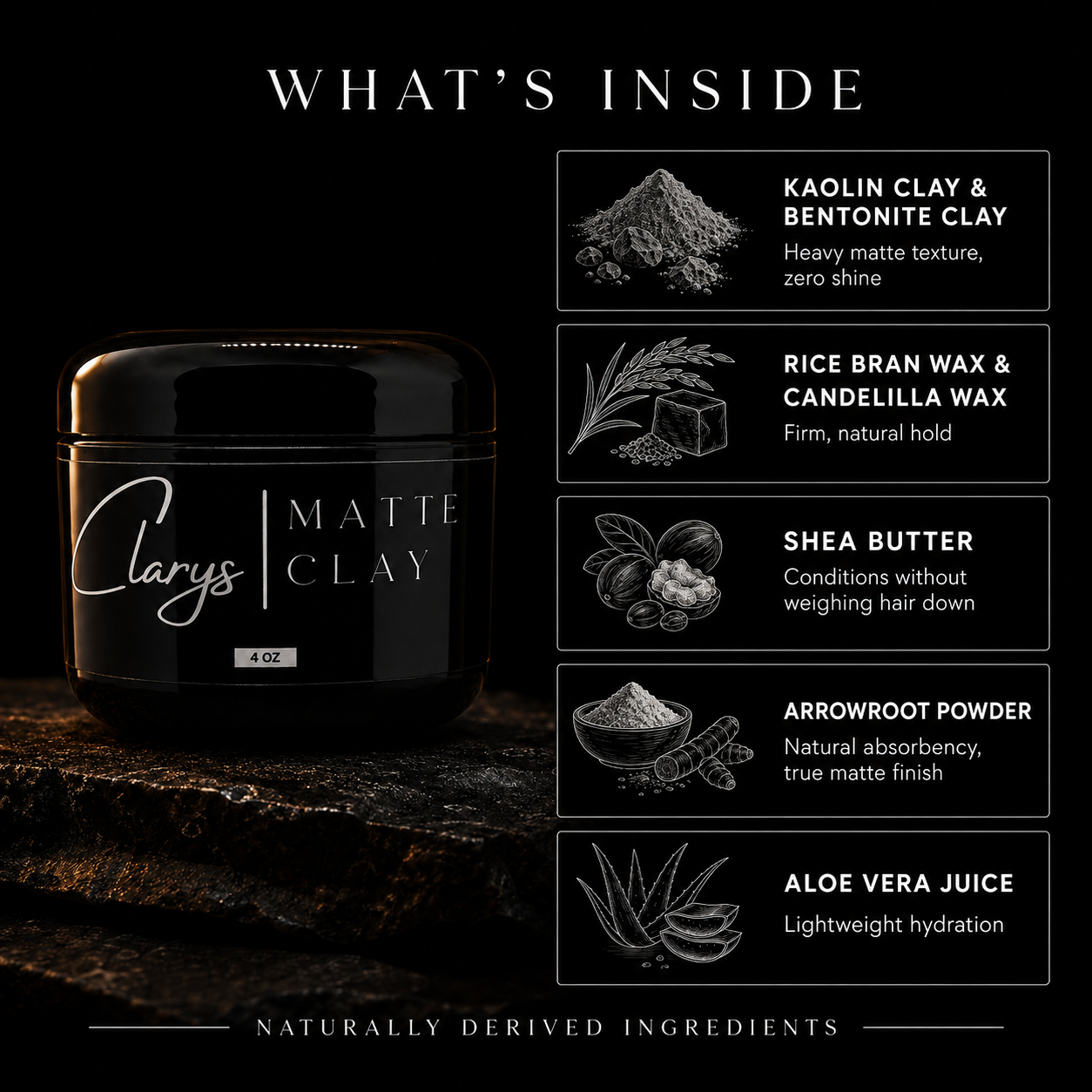 Clary's Matte Clay ingredients: kaolin and bentonite clay, rice bran and candelilla wax, shea butter, arrowroot, aloe