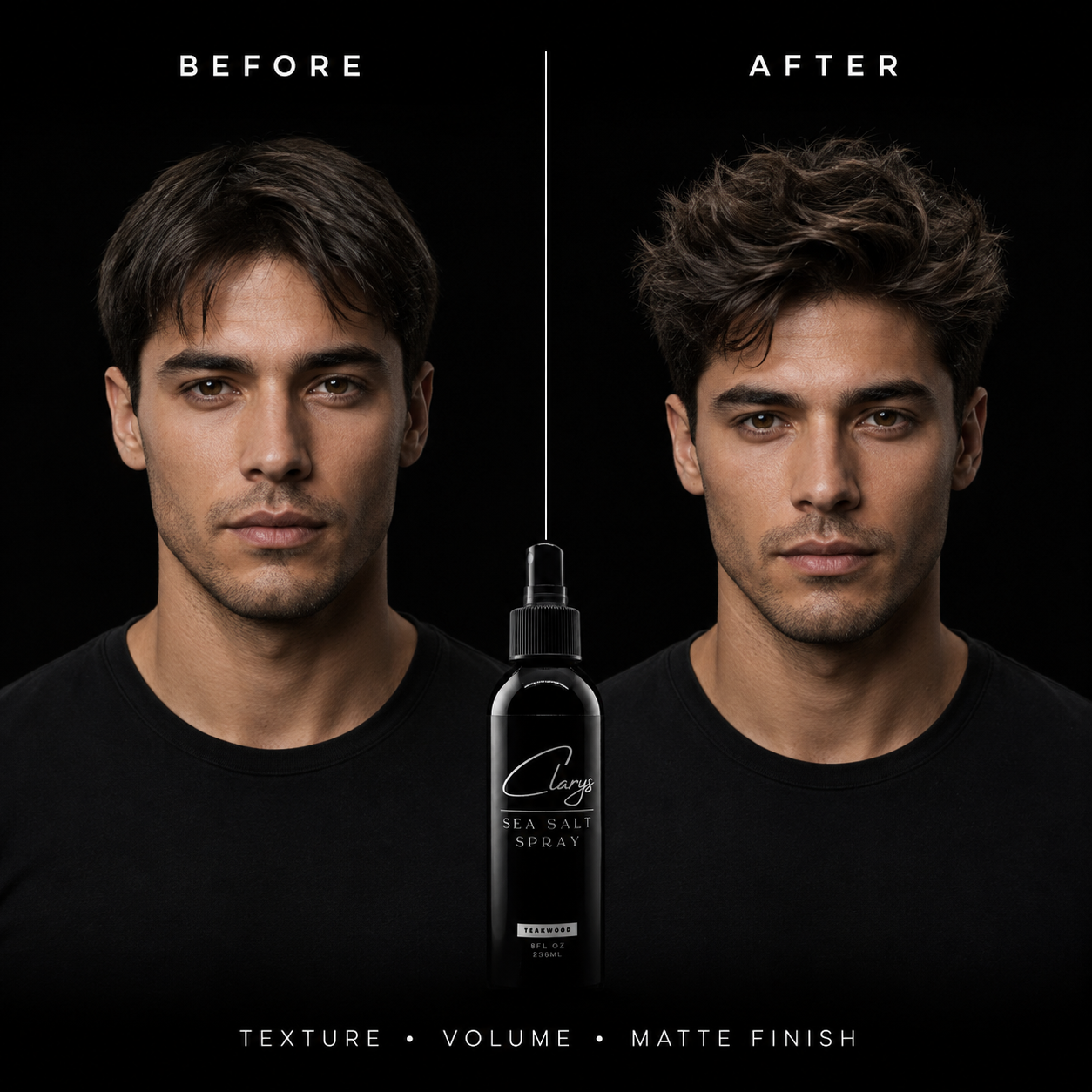 Before and after: men's hair with added volume and texture from Clary's Signature Sea Salt Spray