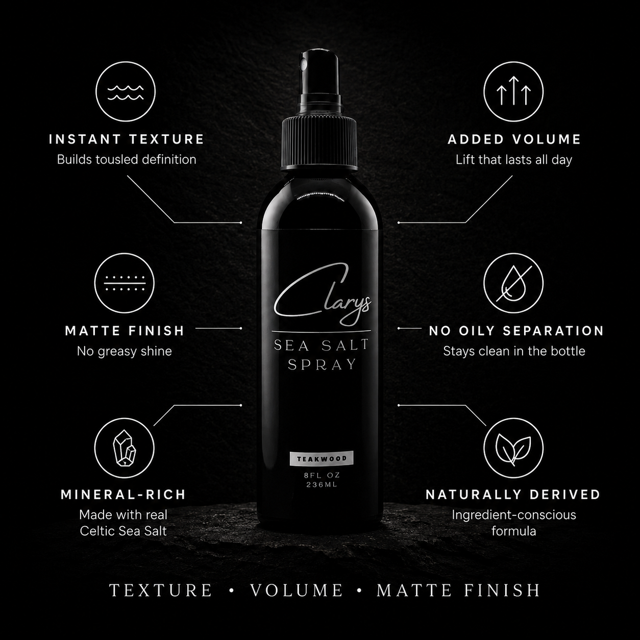 Clary's Sea Salt Spray benefits: instant texture, added volume, matte finish, mineral-rich Celtic sea salt