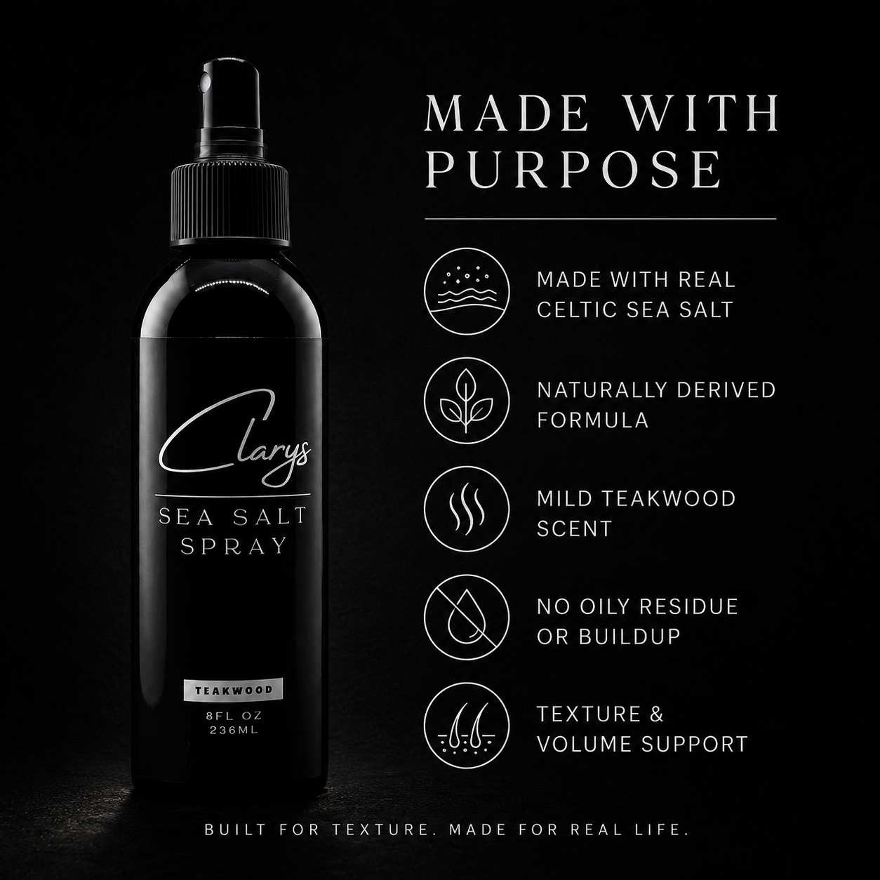 Clary's Sea Salt Spray made with real Celtic sea salt – naturally derived, mild teakwood scent, no oily residue