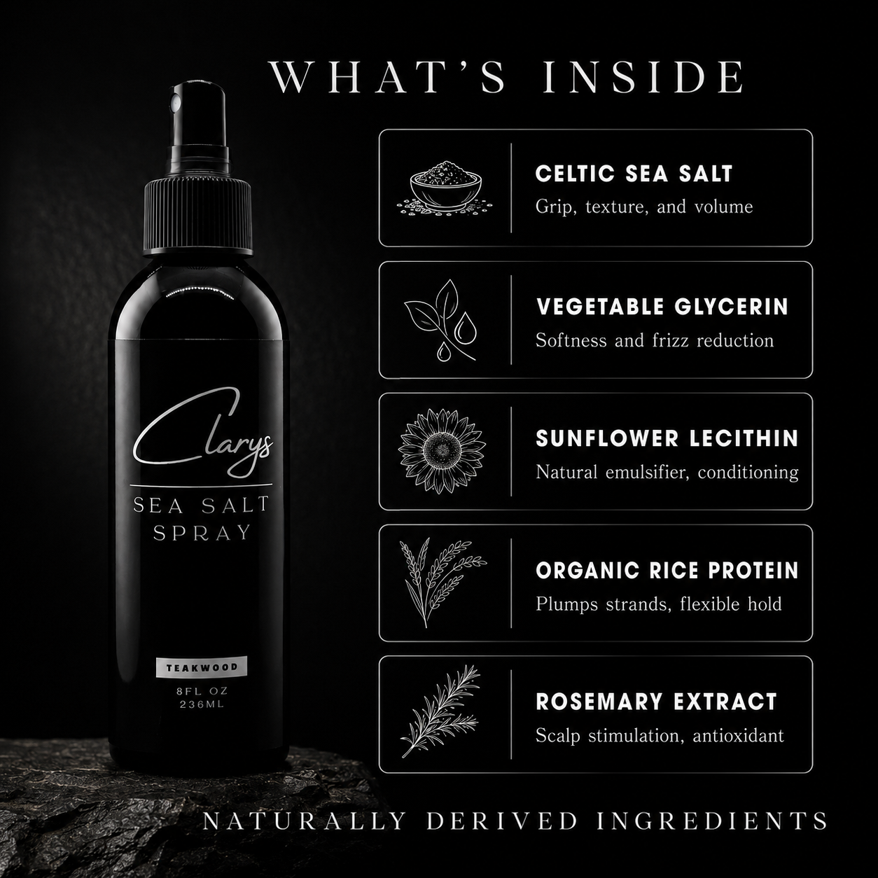 Clary's Sea Salt Spray ingredients: Celtic sea salt, vegetable glycerin, sunflower lecithin, rice protein, rosemary