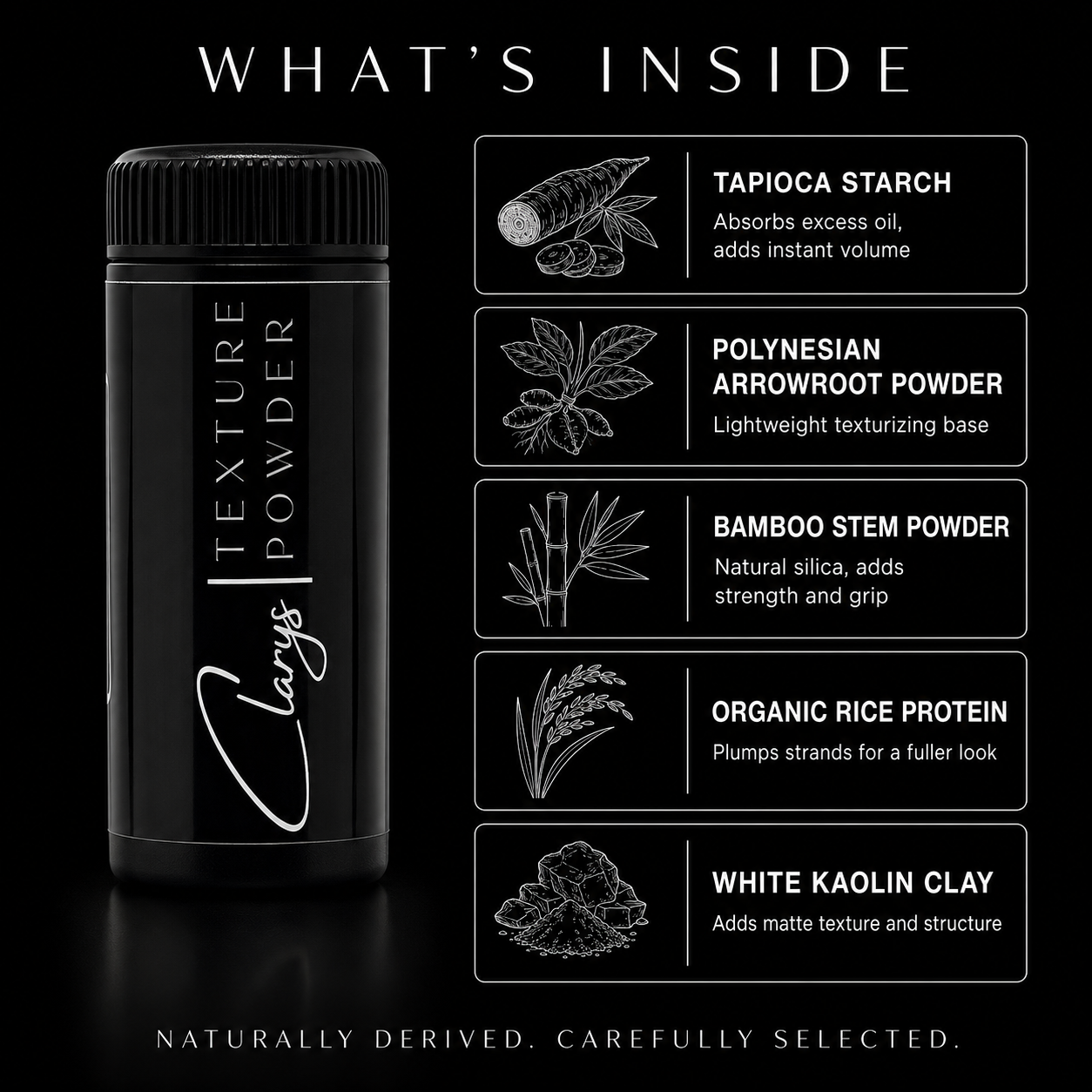 Clary's Texture Powder ingredients: tapioca starch, arrowroot powder, bamboo stem powder, rice protein, kaolin clay