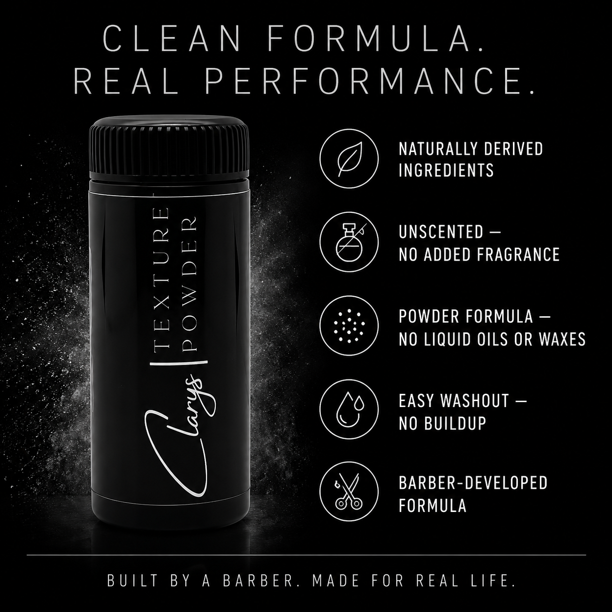 Clary's Texture Powder: naturally derived, unscented, no liquid oils or waxes, easy washout, barber-developed