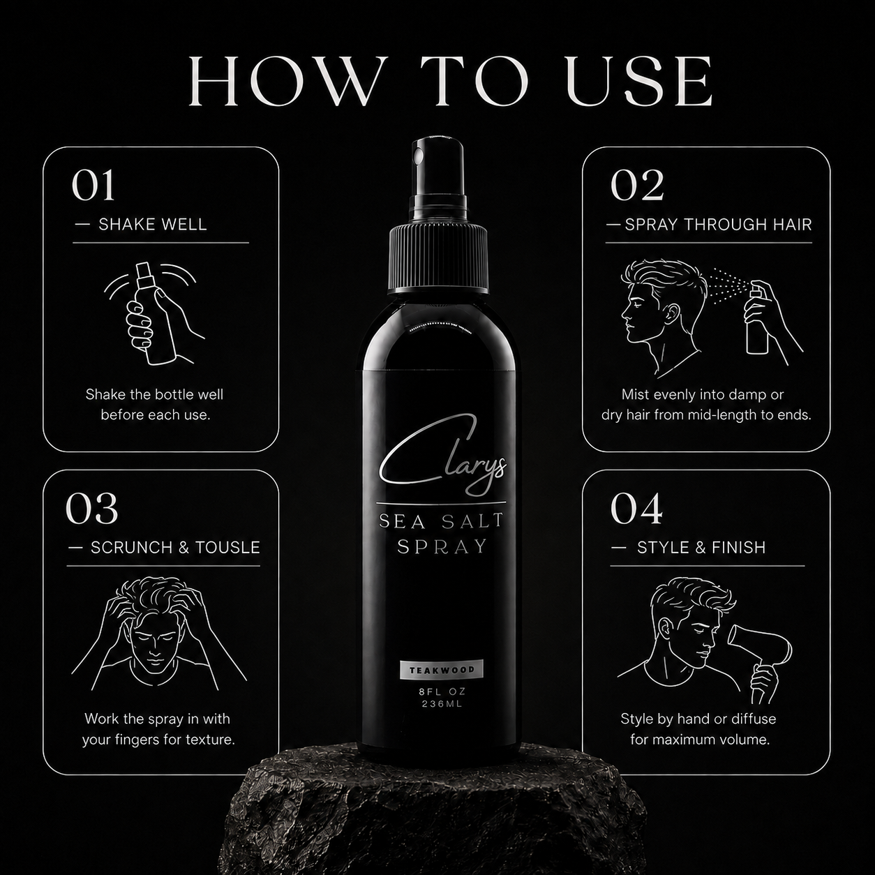 How to use Clary's Sea Salt Spray: shake, spray through damp hair, scrunch, then style or blow-dry
