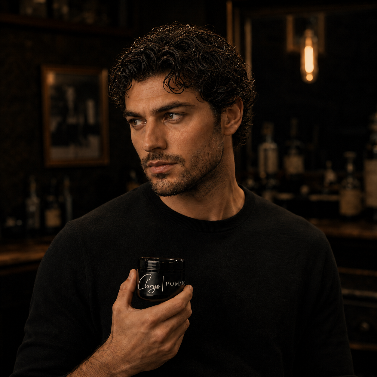 Man with styled curly hair holding Clary's Original Pomade, a barber-made men's pomade