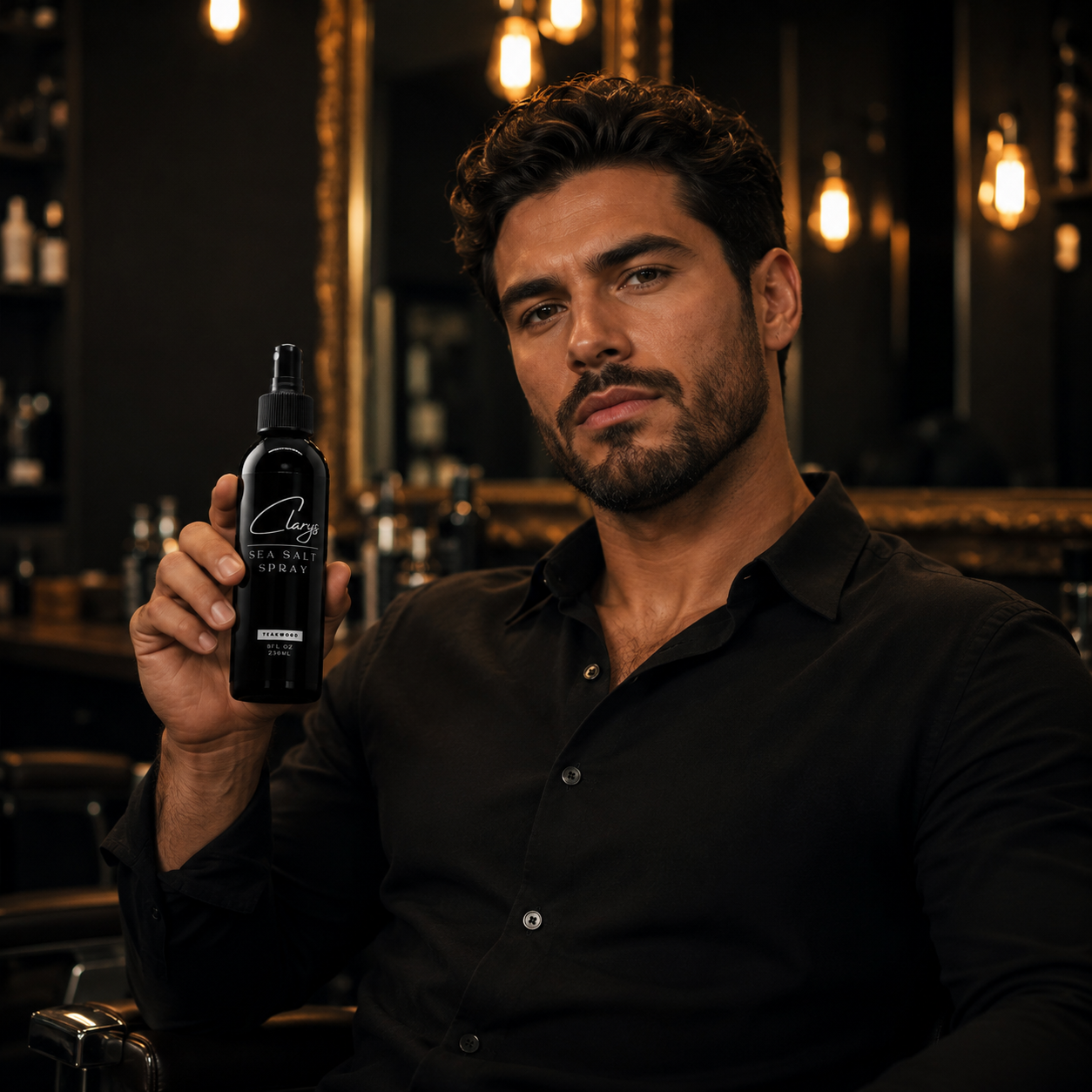 Man holding Clary's Signature Sea Salt Spray texturizing spray in a barbershop