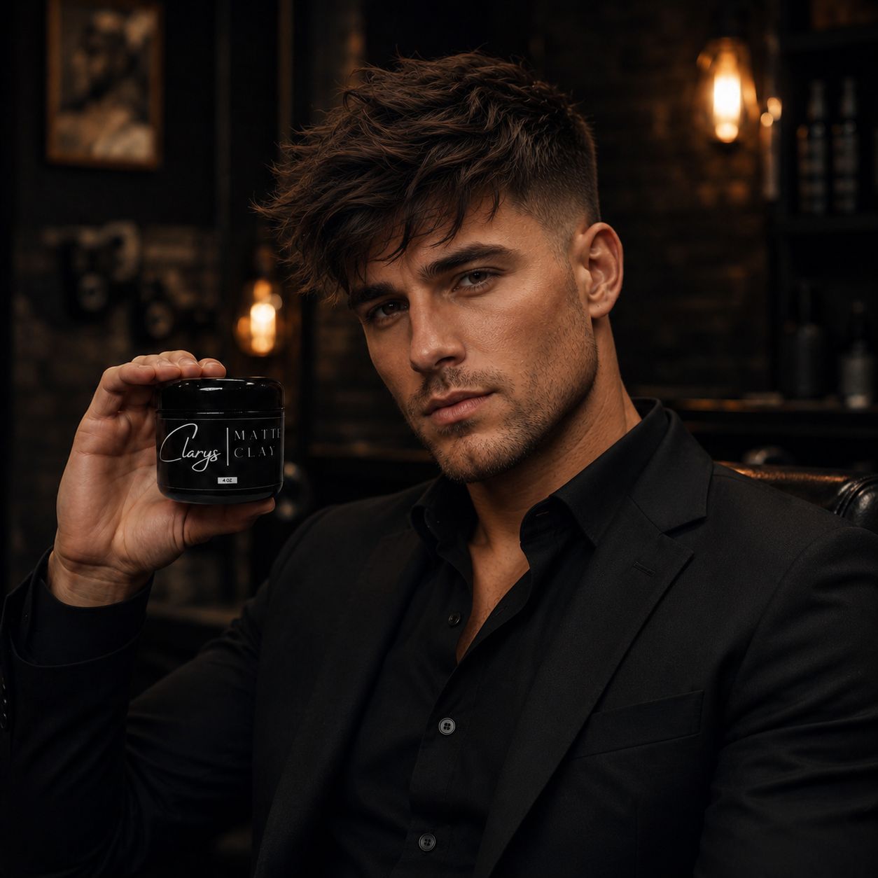 Man with messy textured hair and a fade holding Clary's Matte Clay men's hair clay