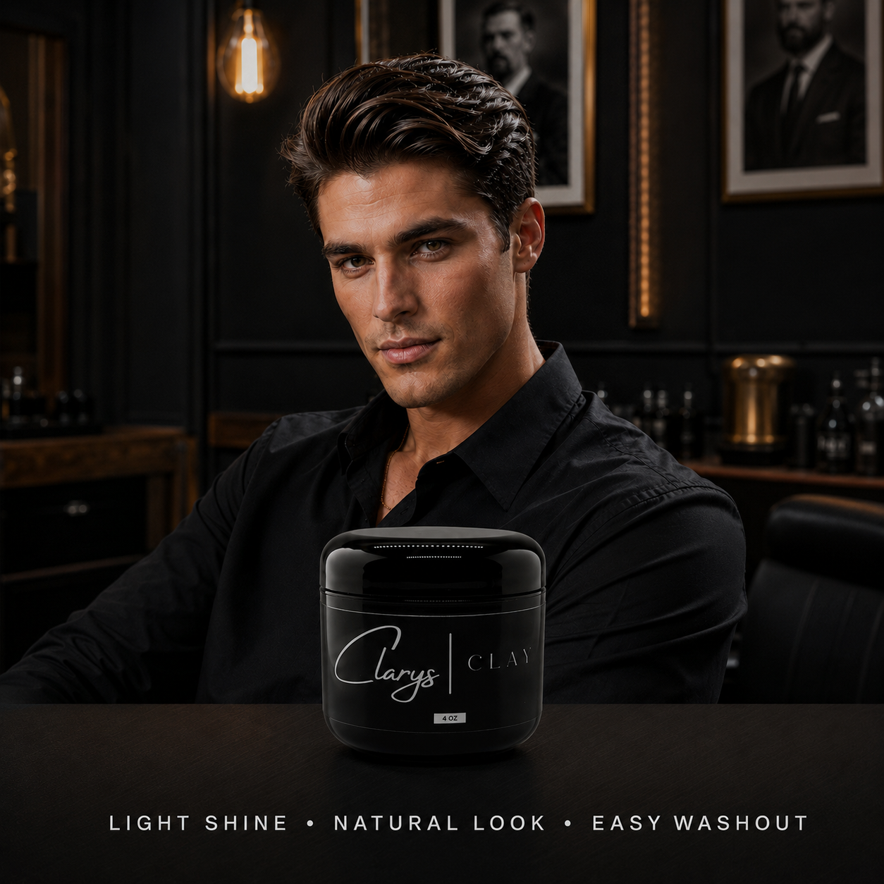 Man with a styled pompadour behind Clary's Clay – light shine, natural look, easy washout