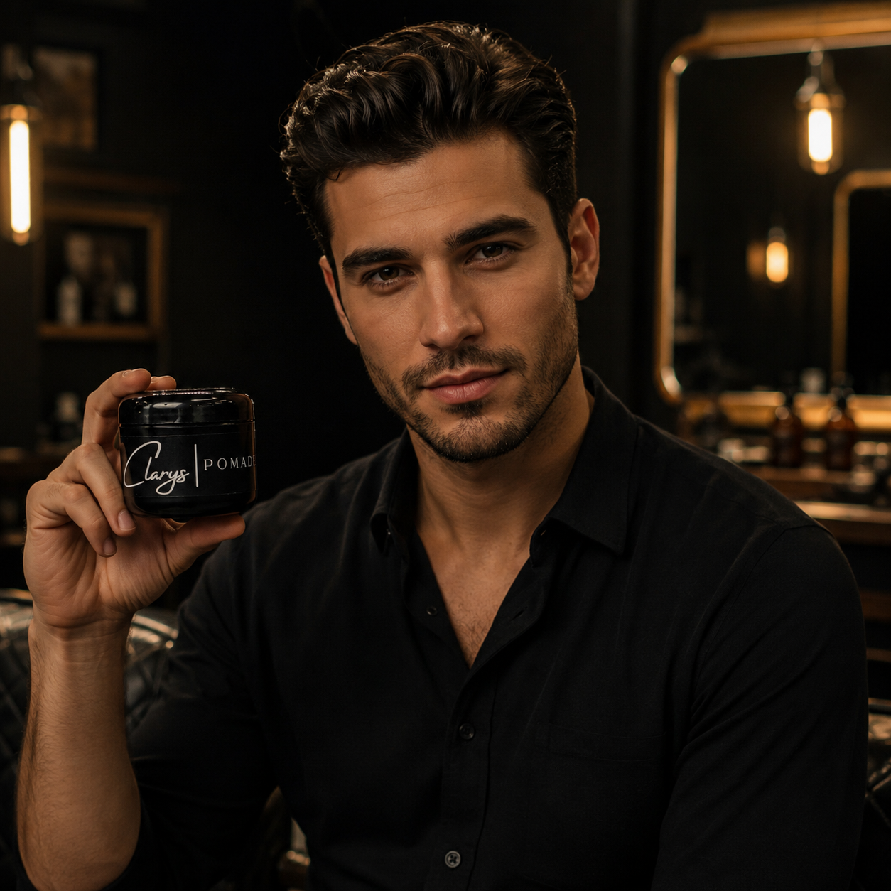 Man with a classic side-part hairstyle holding Clary's Original Pomade in a barbershop