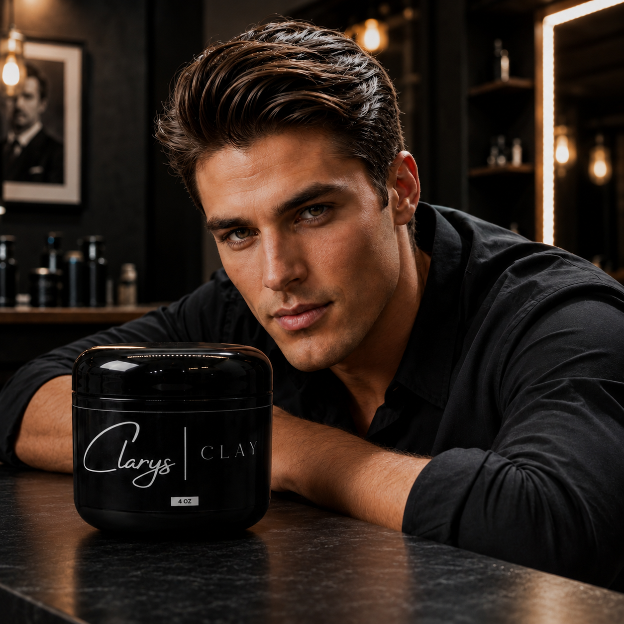 Man with a slicked-back hairstyle next to a jar of Clary's Clay men's hair clay
