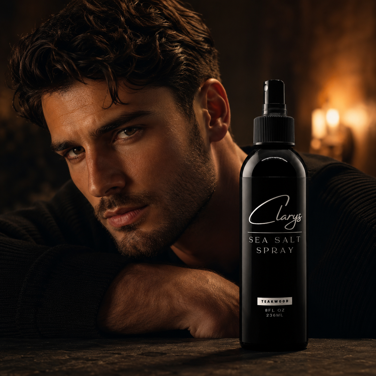 Man with tousled, textured hair beside a bottle of Clary's Signature Sea Salt Spray