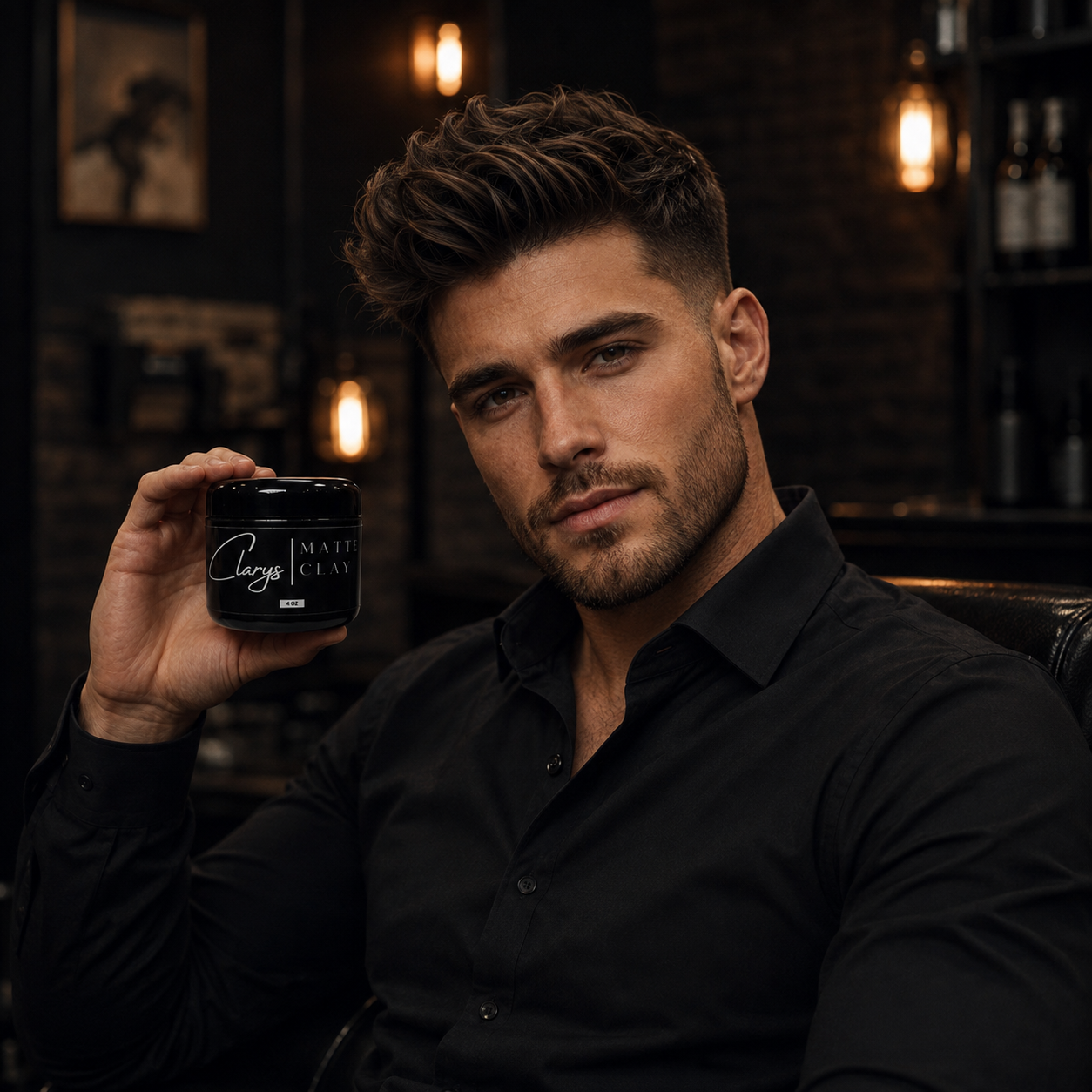 Man with a textured quiff and fade holding Clary's Matte Clay in a barbershop