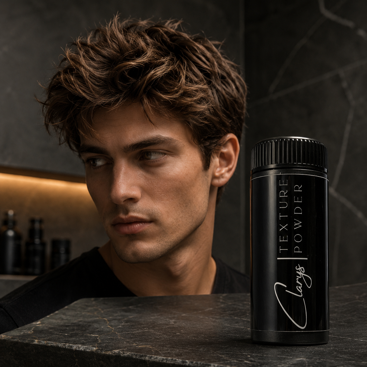 Man with voluminous, tousled hair beside Clary's Texture Powder matte styling powder